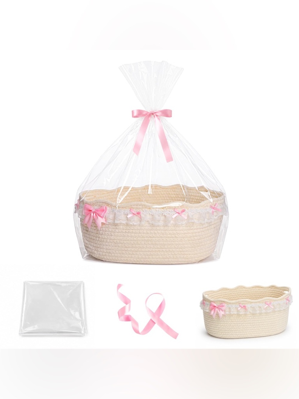 Decorative Pink Ribbon Cotton Rope Gift Basket with Bag & Ribbon